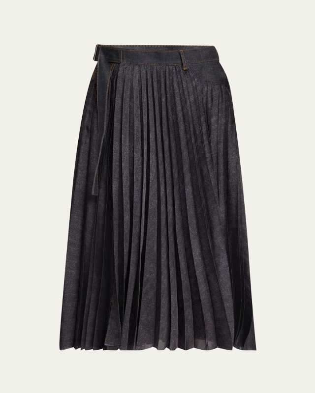 Pleated Denim Belted Midi Skirt